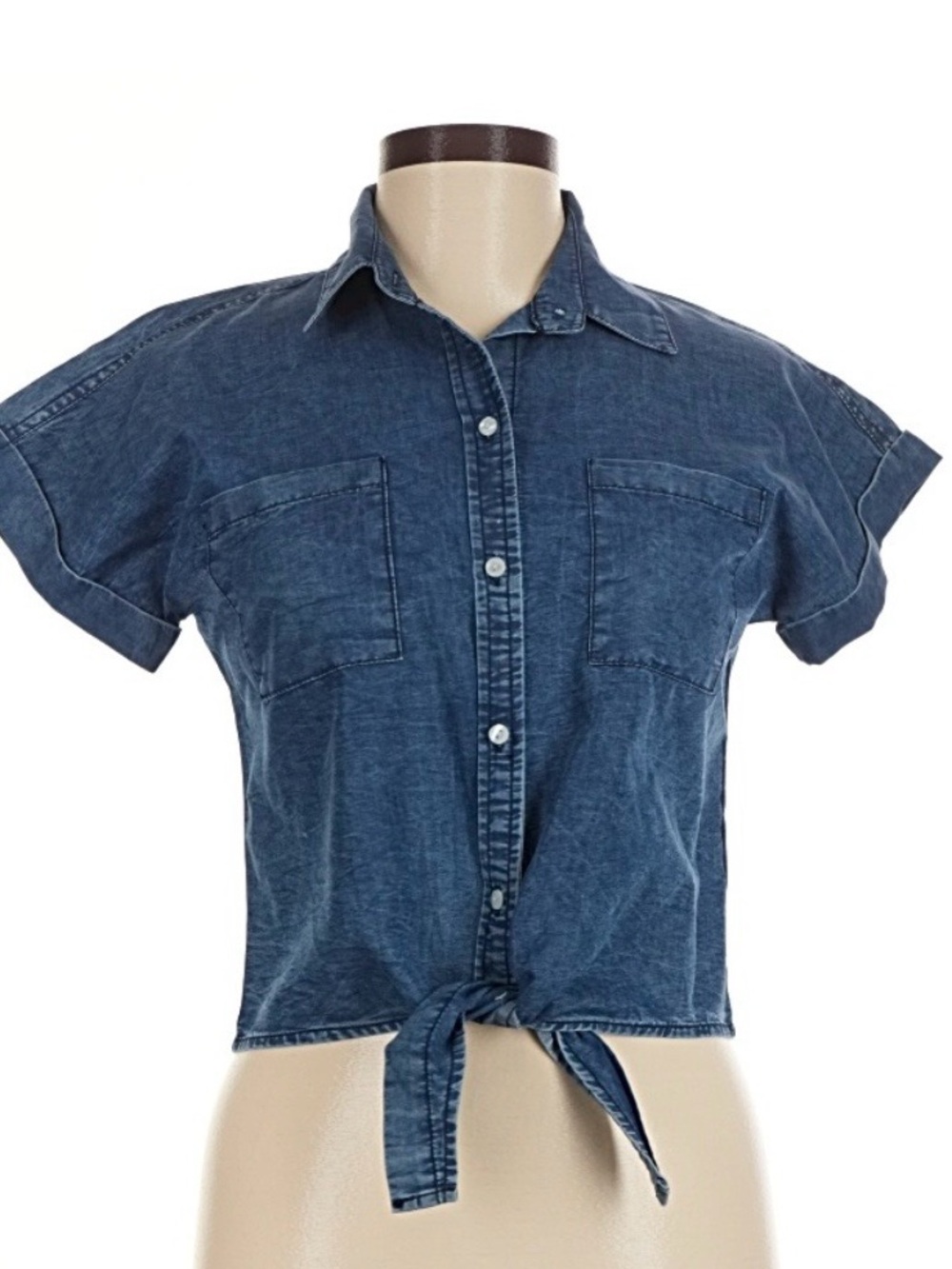 Denim Tie-Front Short Sleeve Button-Down Shirt - Blue